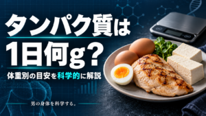 タンパク質は1日何g？体重別の目安を科学的に解説。鶏肉・卵・豆腐とキッチンスケール。