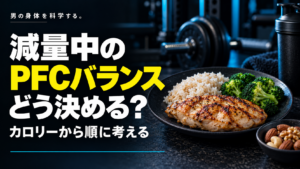減量中のPFCバランス、どう決める? カロリーから順に考える。鶏肉、ご飯、ブロッコリー、ナッツの食事。